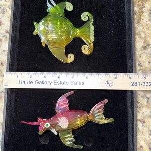 Blown Glass Ornament Whimsical Fish Glitter Fins Pink Gold Green (2) 5545